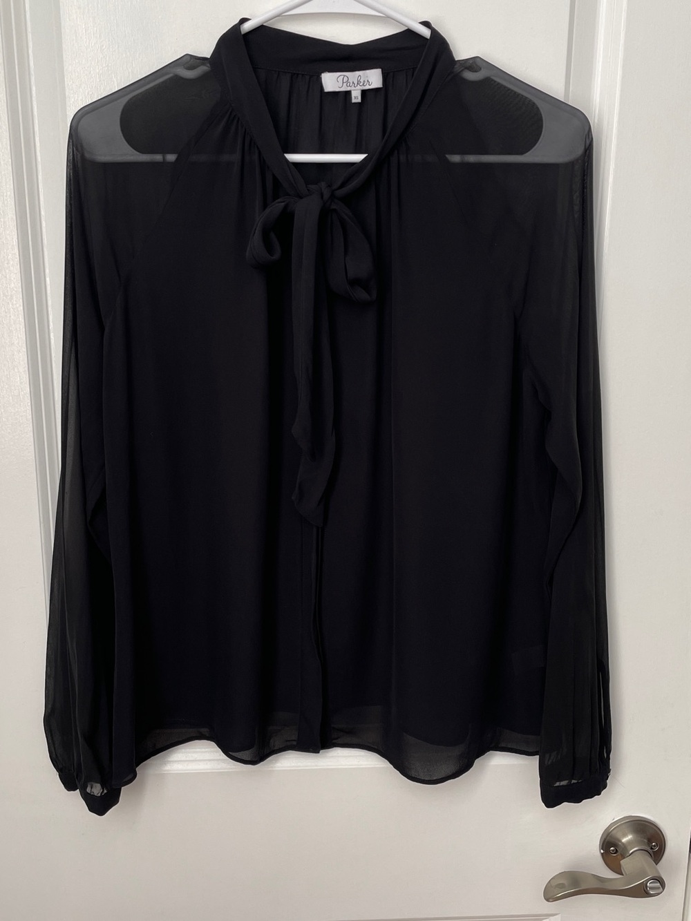Parker size XS Black Tie-Neck Sheer silk Blouse